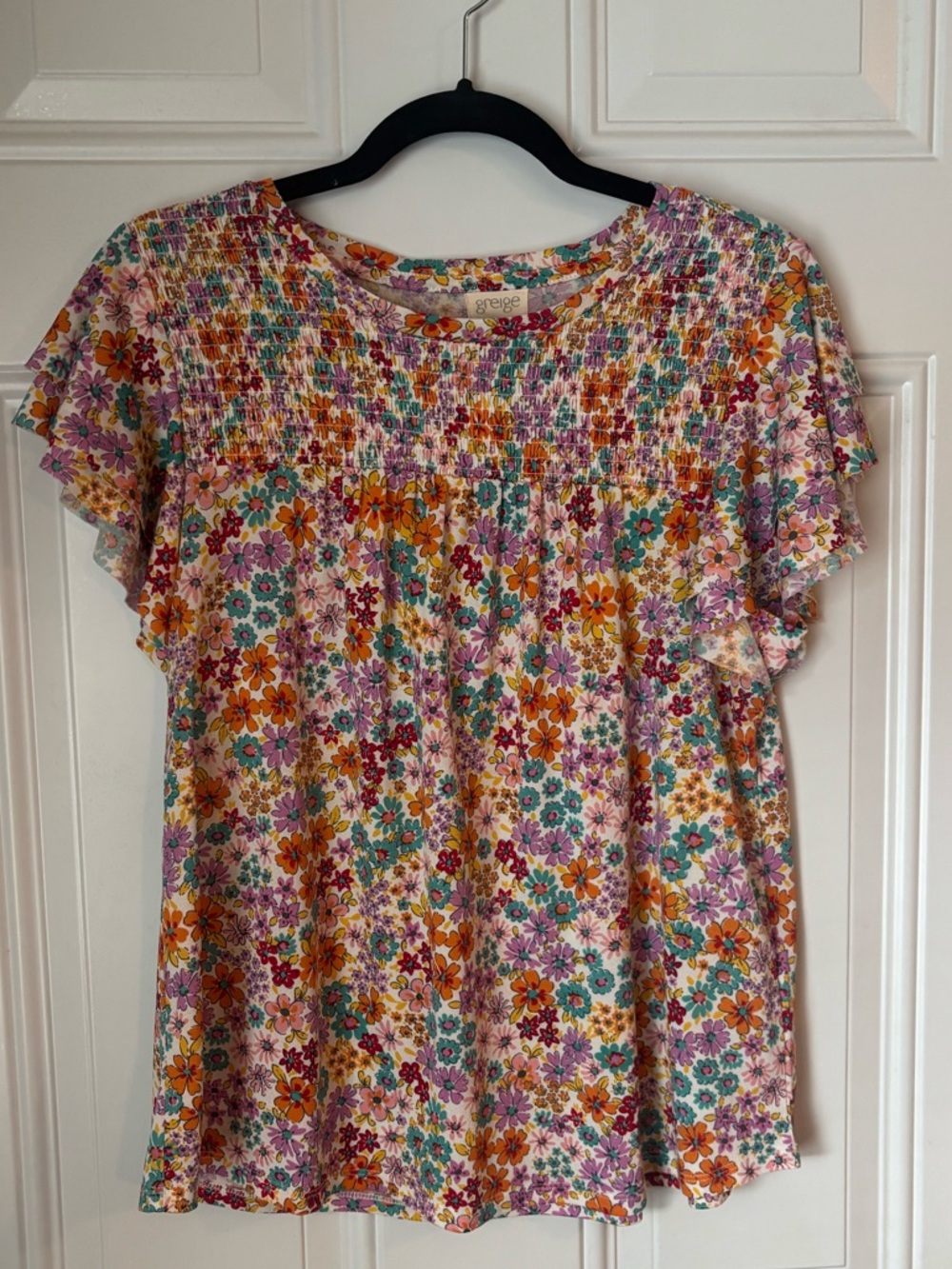 Greige Floral Smocked Flutter Sleeve Blouse - Multicolor Floral